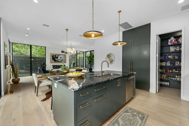 Dining room, Interior, Kitchen, Pendant Lights, Recessed Lighting, Wood Texture Flooring