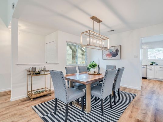 Dining room, Interior, Pendant Lights, Wood Texture Flooring