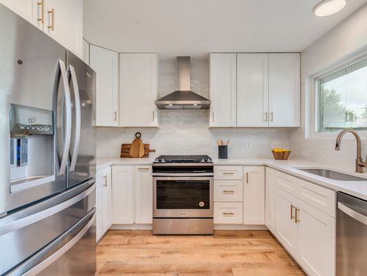 Interior, Kitchen, Recessed Lighting, Stainless Steel Appliances, Wood Texture Flooring
