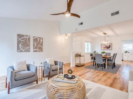 Dining room, Interior, Living room, Pendant Lights, Wood Texture Flooring