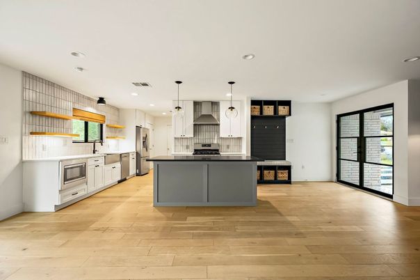 Interior, Kitchen, Pendant Lights, Recessed Lighting, Stainless Steel Appliances, Wood Texture Flooring