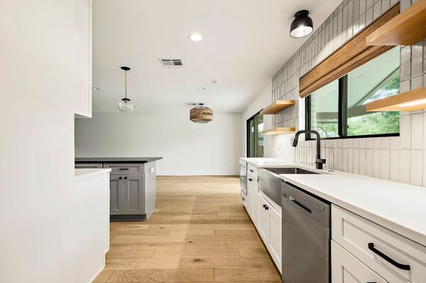 Interior, Kitchen, Pendant Lights, Recessed Lighting, Wood Texture Flooring