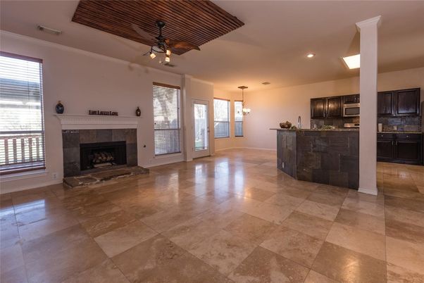Chandelier, Empty room, Fireplace, Interior, Kitchen, Pendant Lights, Recessed Lighting