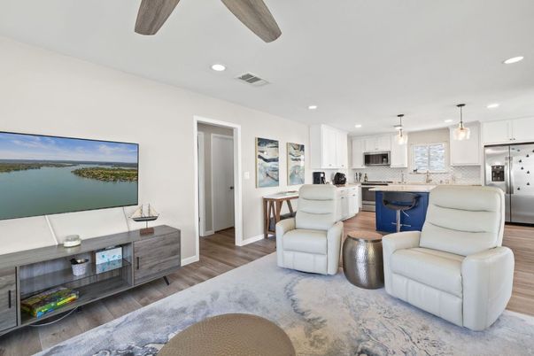 Interior, Kitchen, Living room, Pendant Lights, Recessed Lighting, Stainless Steel Appliances, Wood Texture Flooring