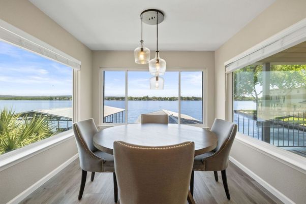 Dining room, Interior, Pendant Lights, Water, Wood Texture Flooring