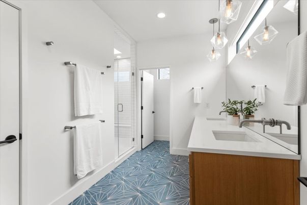 Bathroom, Dual Sink Vanities, Glass Shower, Interior, Pendant Lights, Recessed Lighting