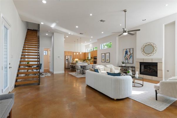 Dining room, Fireplace, Interior, Kitchen, Living room, Pendant Lights, Recessed Lighting