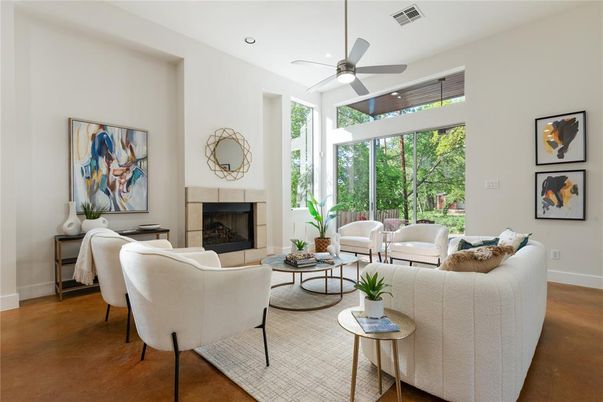 Fireplace, Interior, Living room, Recessed Lighting, Wood Texture Flooring