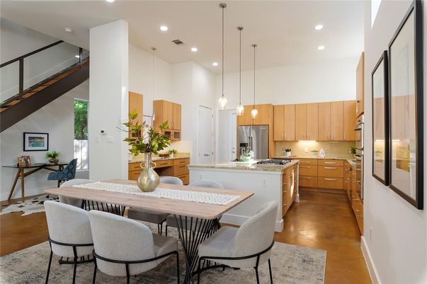 Dining room, Interior, Kitchen, Pendant Lights, Recessed Lighting, Stainless Steel Appliances, Wood Texture Flooring