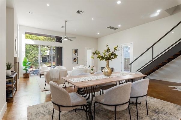 Dining room, Interior, Living room, Recessed Lighting, Wood Texture Flooring