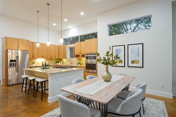 Dining room, Interior, Kitchen, Pendant Lights, Recessed Lighting, Stainless Steel Appliances, Wood Texture Flooring