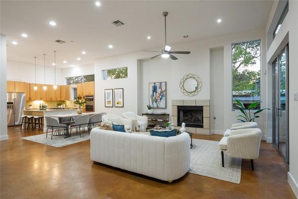Dining room, Fireplace, Interior, Kitchen, Living room, Pendant Lights, Recessed Lighting, Stainless Steel Appliances