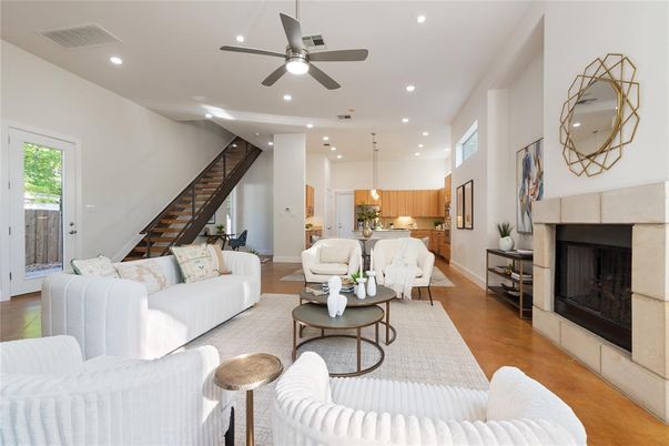 Fireplace, Interior, Kitchen, Living room, Pendant Lights, Recessed Lighting, Wood Texture Flooring