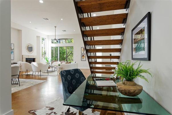 Dining room, Fireplace, Interior, Living room, Pendant Lights, Recessed Lighting, Wooden Beams