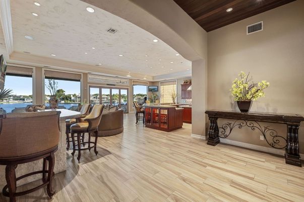 Dining room, Interior, Kitchen, Recessed Lighting, Water, Wooden Ceilings, Wood Texture Flooring