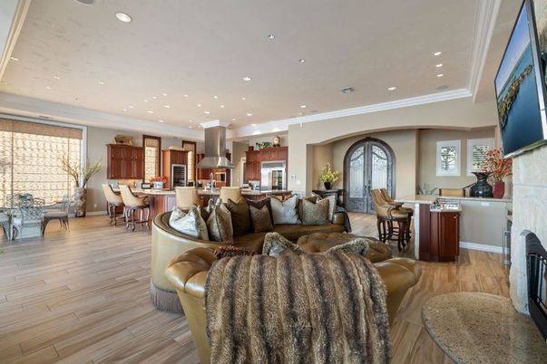 Dining room, Fireplace, Interior, Kitchen, Living room, Recessed Lighting, Stainless Steel Appliances, Wood Texture Flooring