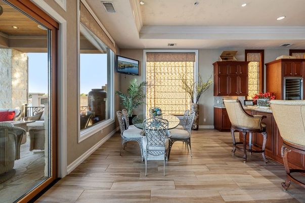 Dining room, Interior, Recessed Lighting, Wood Texture Flooring
