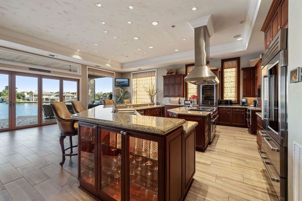 Interior, Kitchen, Recessed Lighting, Stainless Steel Appliances, Water, Wood Texture Flooring