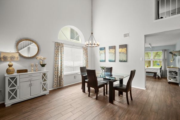 Chandelier, Dining room, Interior, Pendant Lights, Wood Texture Flooring