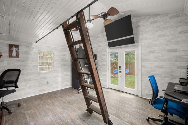 Home Office, Interior, Stone Walls, Wood Texture Flooring