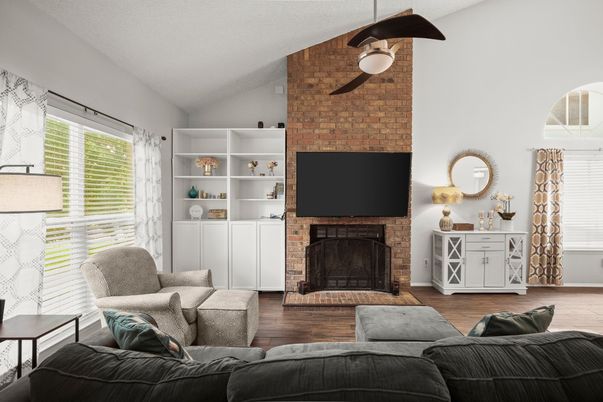 Fireplace, Interior, Living room, Stone Walls, Wood Texture Flooring