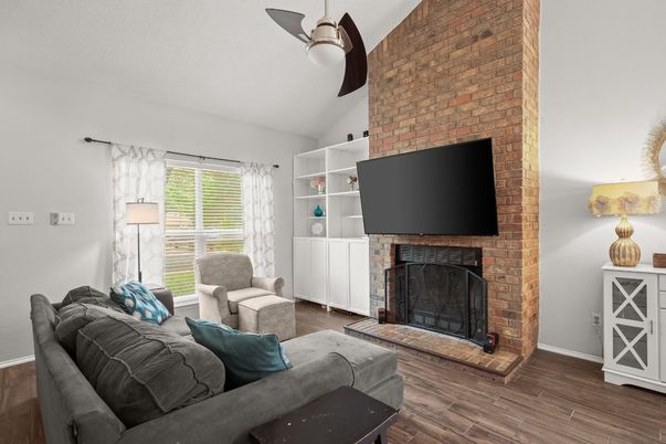 Fireplace, Interior, Living room, Stone Walls, Wood Texture Flooring