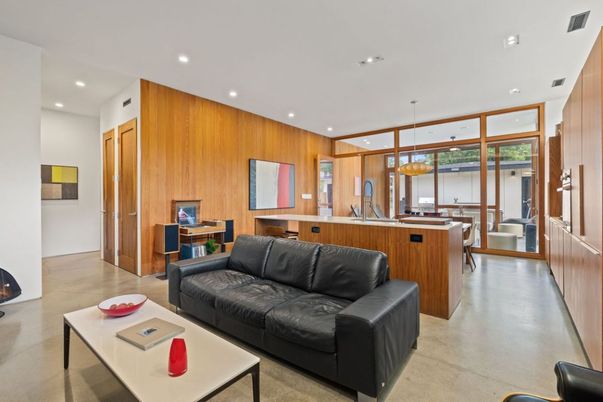 Interior, Living room, Pendant Lights, Recessed Lighting, Wooden Walls