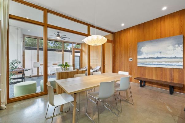 Dining room, Interior, Pendant Lights, Recessed Lighting, Water, Wooden Walls