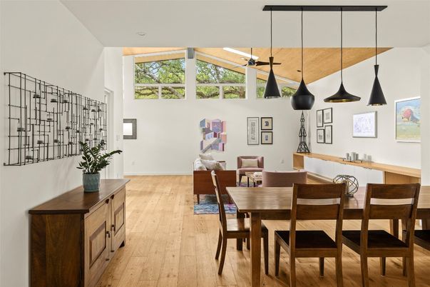 Dining room, Interior, Pendant Lights, Wood Texture Flooring
