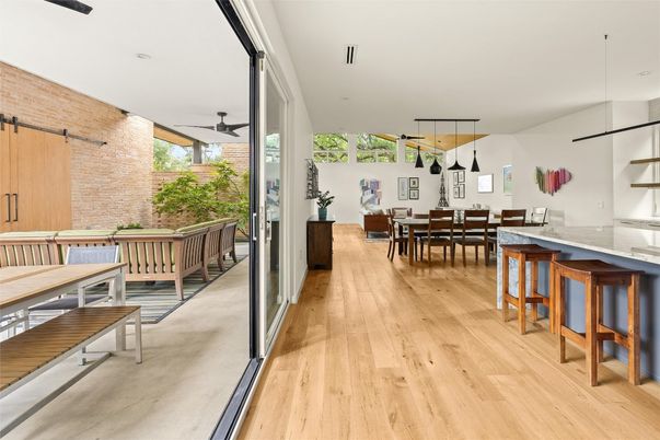 Dining room, Interior, Pendant Lights, Stone Walls, Wood Texture Flooring