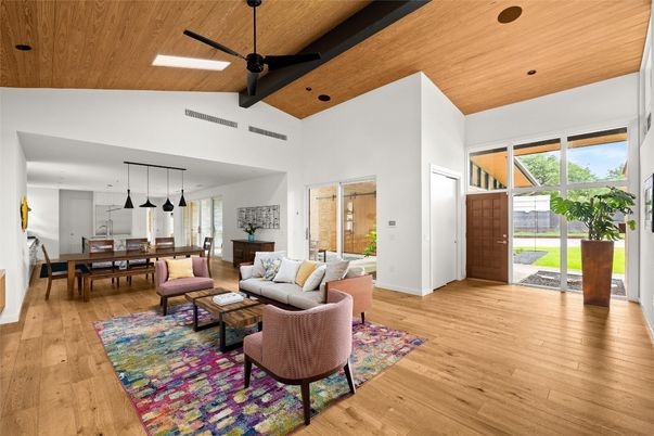 Dining room, Interior, Kitchen, Living room, Pendant Lights, Recessed Lighting, Wooden Beams, Wooden Ceilings, Wood Texture Flooring