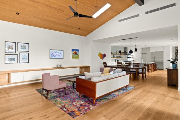 Dining room, Interior, Kitchen, Living room, Pendant Lights, Recessed Lighting, Wooden Ceilings, Wood Texture Flooring