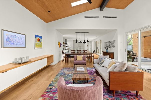 Dining room, Interior, Kitchen, Living room, Pendant Lights, Recessed Lighting, Wooden Beams, Wooden Ceilings, Wood Texture Flooring