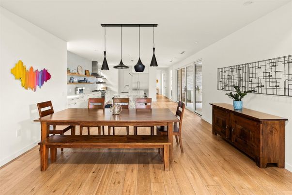 Dining room, Interior, Kitchen, Pendant Lights, Recessed Lighting, Stainless Steel Appliances, Wood Texture Flooring