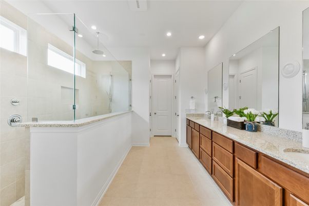 Bathroom, Dual Sink Vanities, Glass Shower, Interior, Recessed Lighting