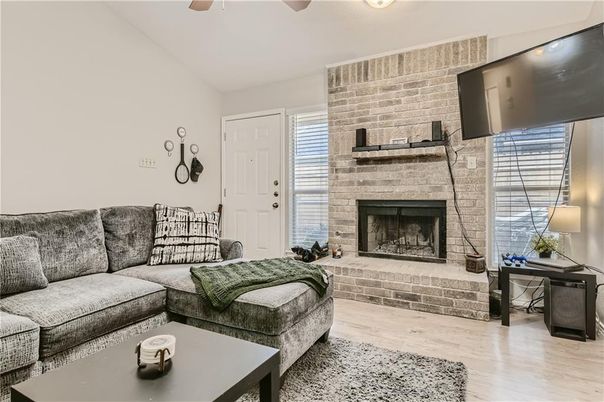 Fireplace, Interior, Living room, Stone Walls, Wood Texture Flooring