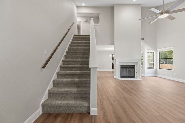 Fireplace, Interior, Recessed Lighting, Wood Texture Flooring