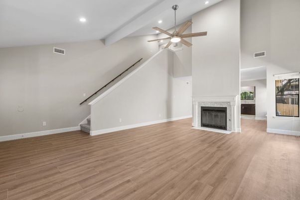 Empty room, Fireplace, Interior, Recessed Lighting, Wood Texture Flooring