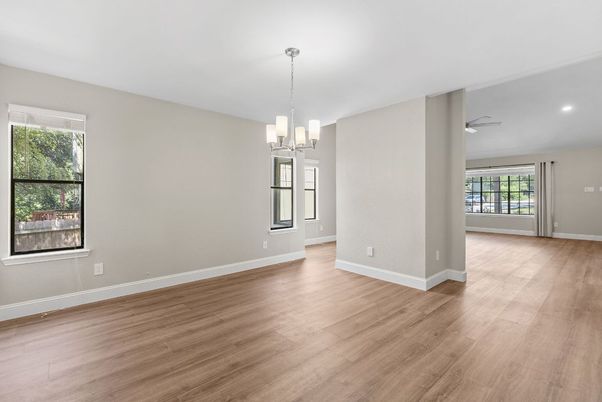 Chandelier, Empty room, Interior, Recessed Lighting, Wood Texture Flooring