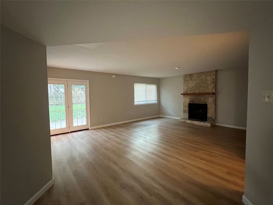 Empty room, Fireplace, Interior, Recessed Lighting, Wood Texture Flooring