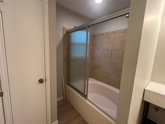 Bathroom, Glass Shower, Interior, Recessed Lighting, Wood Texture Flooring
