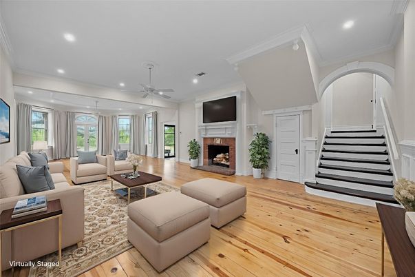 Fireplace, Interior, Living room, Recessed Lighting, Wood Texture Flooring