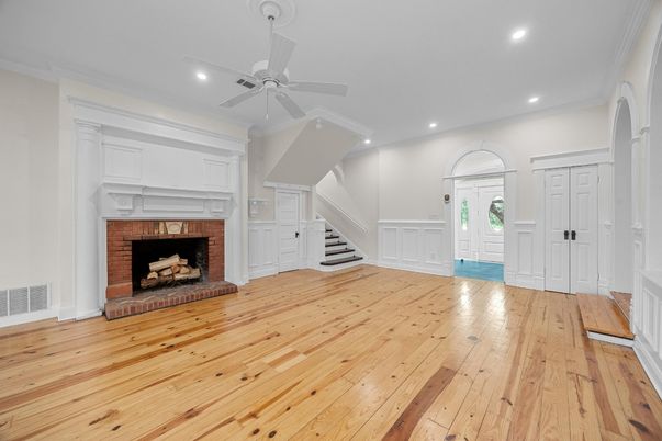 Empty room, Fireplace, Interior, Recessed Lighting, Wood Texture Flooring