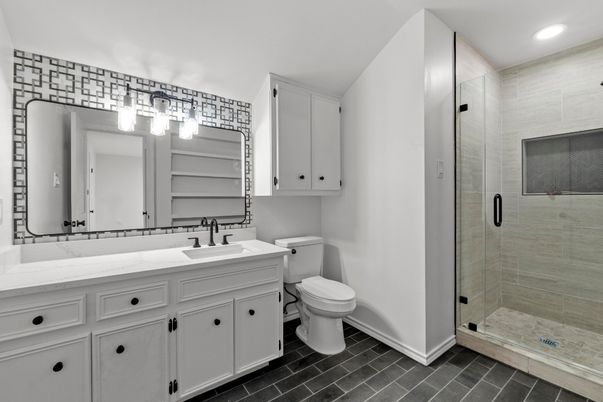 Bathroom, Dual Sink Vanities, Glass Shower, Interior, Recessed Lighting