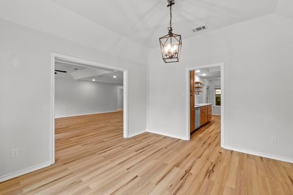 Empty room, Interior, Kitchen, Pendant Lights, Recessed Lighting, Wood Texture Flooring