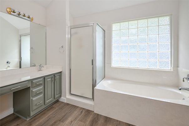 Bathroom, Glass Shower, Interior, Wood Texture Flooring