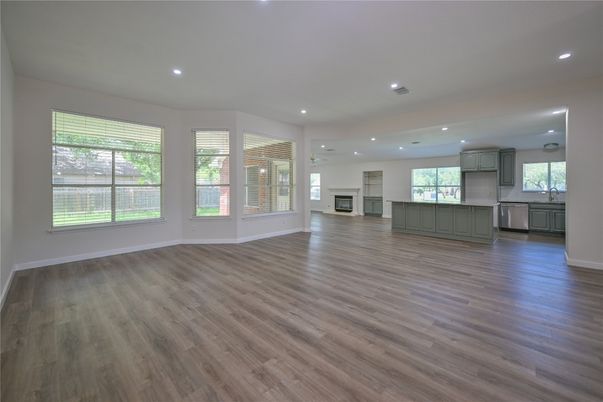 Empty room, Interior, Kitchen, Recessed Lighting, Wood Texture Flooring