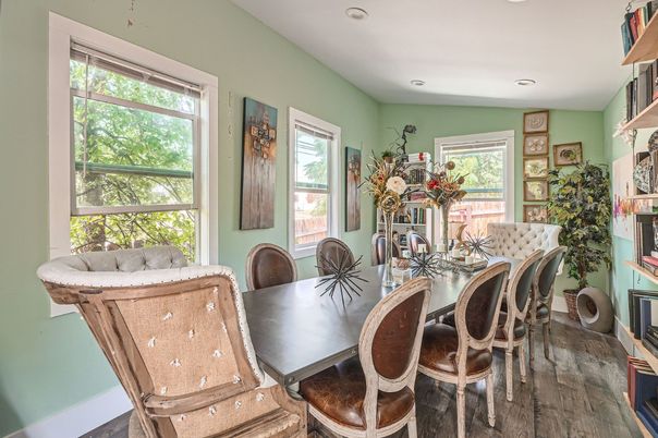 Dining room, Interior, Recessed Lighting, Wood Texture Flooring