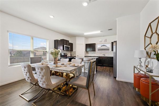 Dining room, Interior, Kitchen, Recessed Lighting, Stainless Steel Appliances, Wood Texture Flooring