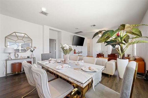 Dining room, Interior, Recessed Lighting, Wood Texture Flooring
